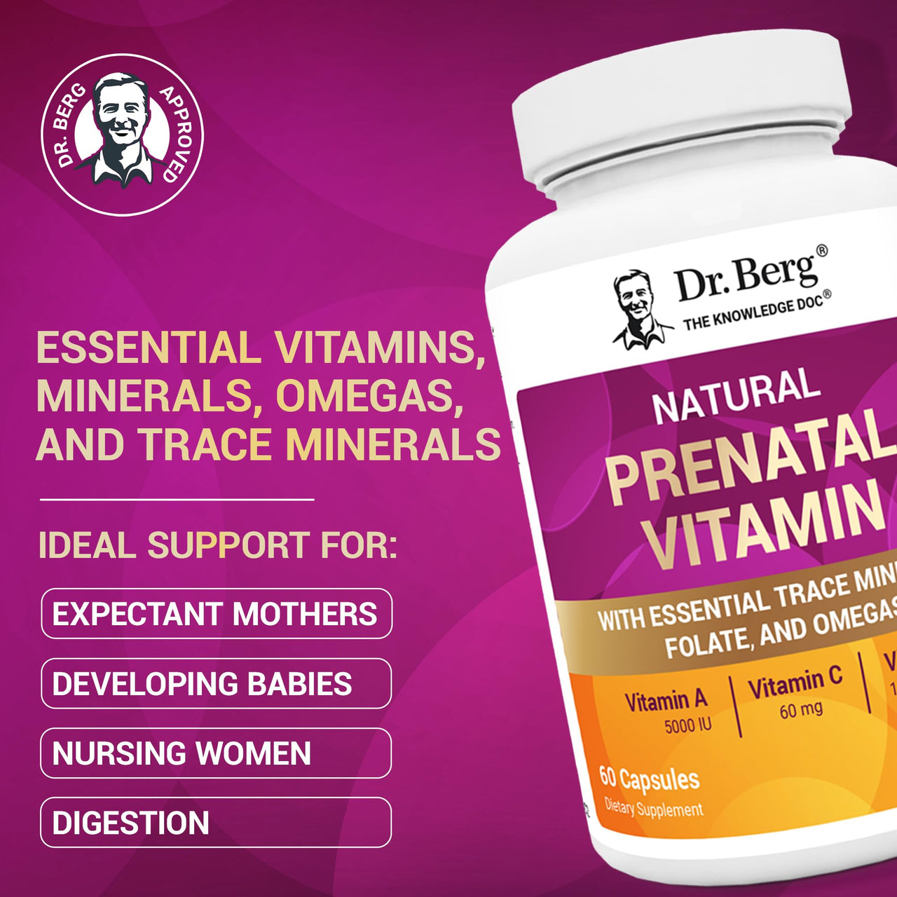 Dr. Berg Natural Prenatal Vitamins for Women (Pregnant & Nursing) - Prenatal Vitamins with Folate, Vitamins, Minerals, Omegas, &11 Powerful Superfoods - Womens Prenatal Multivitamin - 60 Capsules