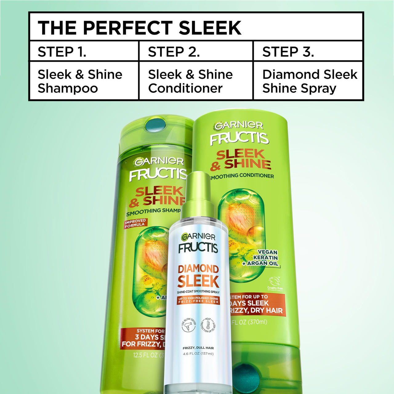 Garnier Fructis Diamond Sleek Hair Shine Spray, Frizz Control and Heat Protectant for Frizzy, Dry Hair, Formulated with Vegan Keratin Smoothing Complex and Argan Oil, 4.6 Fl Oz