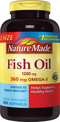 Thumbnail for Nature Made 1200mg of Fish Oil, 2400 per Serving, 360mg of Omega-3, 300 Softgels, 300 Count (Pack of 1)