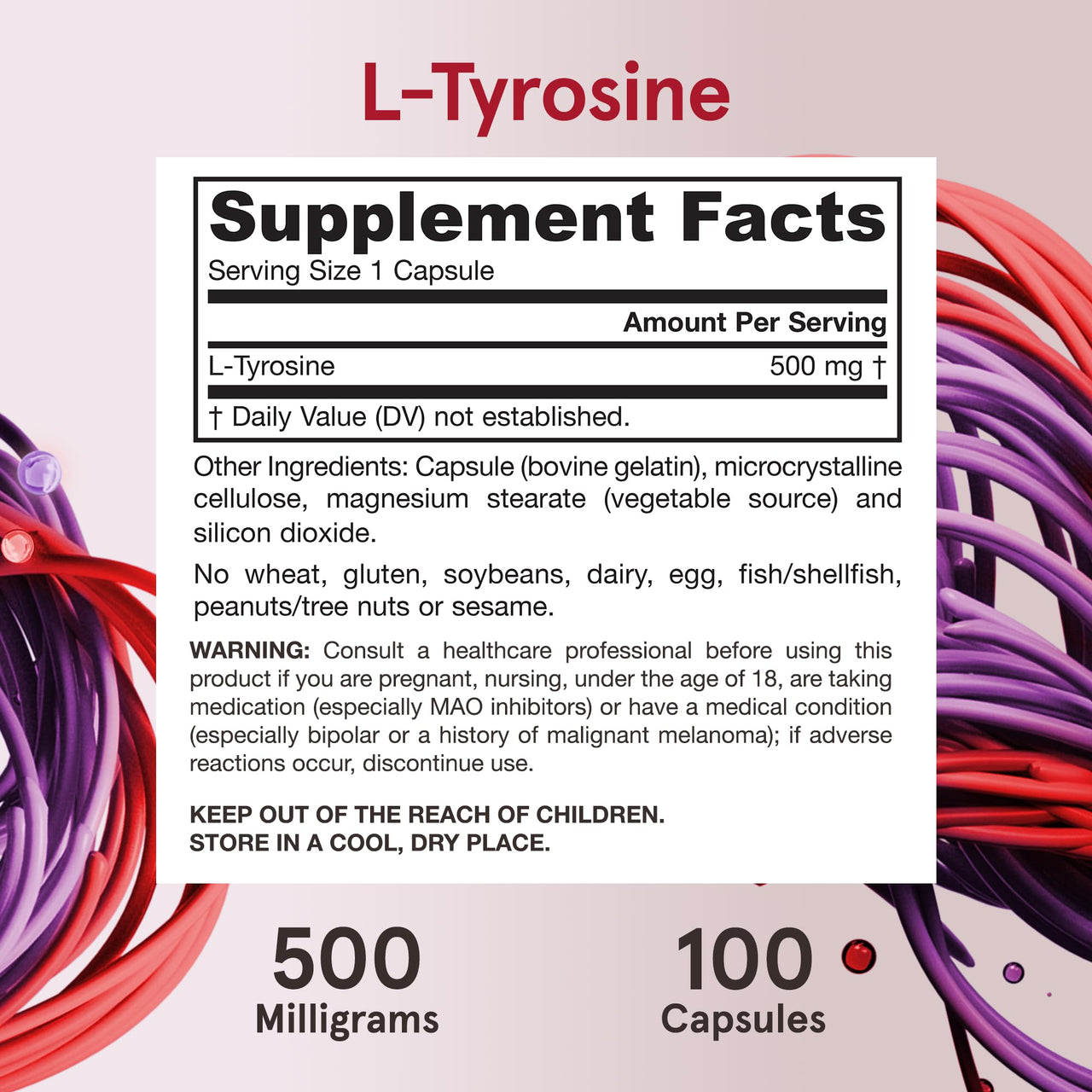 Jarrow Formulas® L-Tyrosine 500 mg, Dietary Supplement, Amino Acid Supplement for Brain Health Support, 100 Capsules, 100 Day Supply