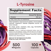Thumbnail for Jarrow Formulas® L-Tyrosine 500 mg, Dietary Supplement, Amino Acid Supplement for Brain Health Support, 100 Capsules, 100 Day Supply