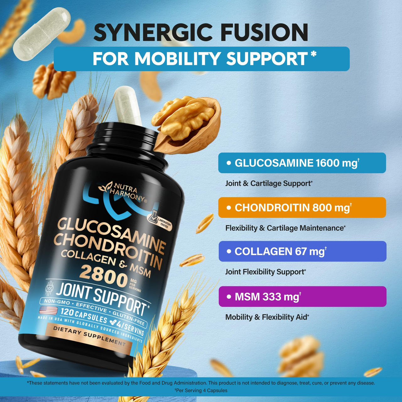 Glucosamine Chondroitin MSM Collagen | HSA | Joint Support Supplement 2800 mg | Made in USA | FSA Approved Product Items | Flexibility Nutritional Vitamins | For Men & Women, 120 Capsules