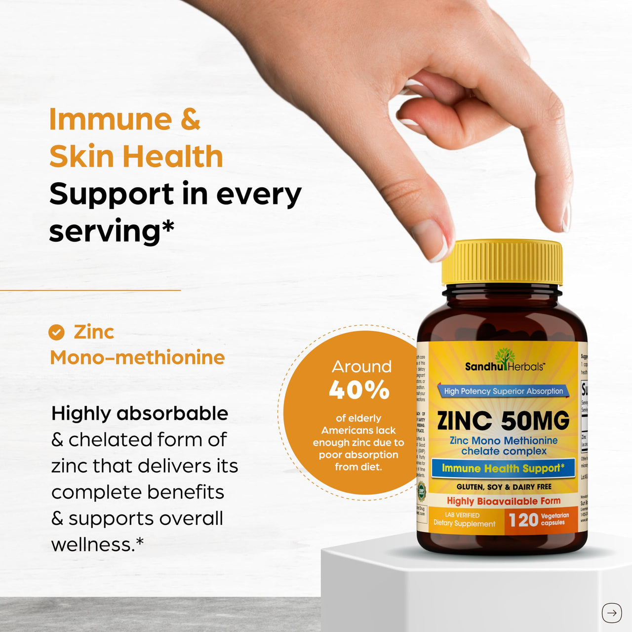 Zinc 50mg Capsules for Men and Women, 120 Count | Highly Absorbable Zinc Supplements for Immune System Support | Zink 50 mg Mono Methionine Chelated Complex |Helps with Skin Health & Overall Immunity