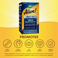 Thumbnail for Nature's Way Alive! Men’s 50+ Daily Ultra Multivitamin, High Potency Formula, Supports Healthy Brain, Eyes & Heart*, with Methylated B12, Gluten-Free, 60 Tablets (Packaging May Vary)