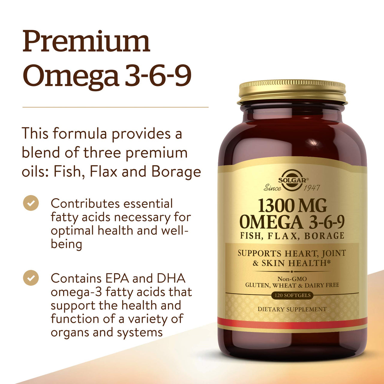 Solgar 1300 mg Omega 3-6-9, 120 Softgels - Fish Oil Supplement - Support for Joint & Skin Health - Includes Flaxseed & Borage - Contains EPA & DHA Omega 3 Fatty Acids - 40 Servings