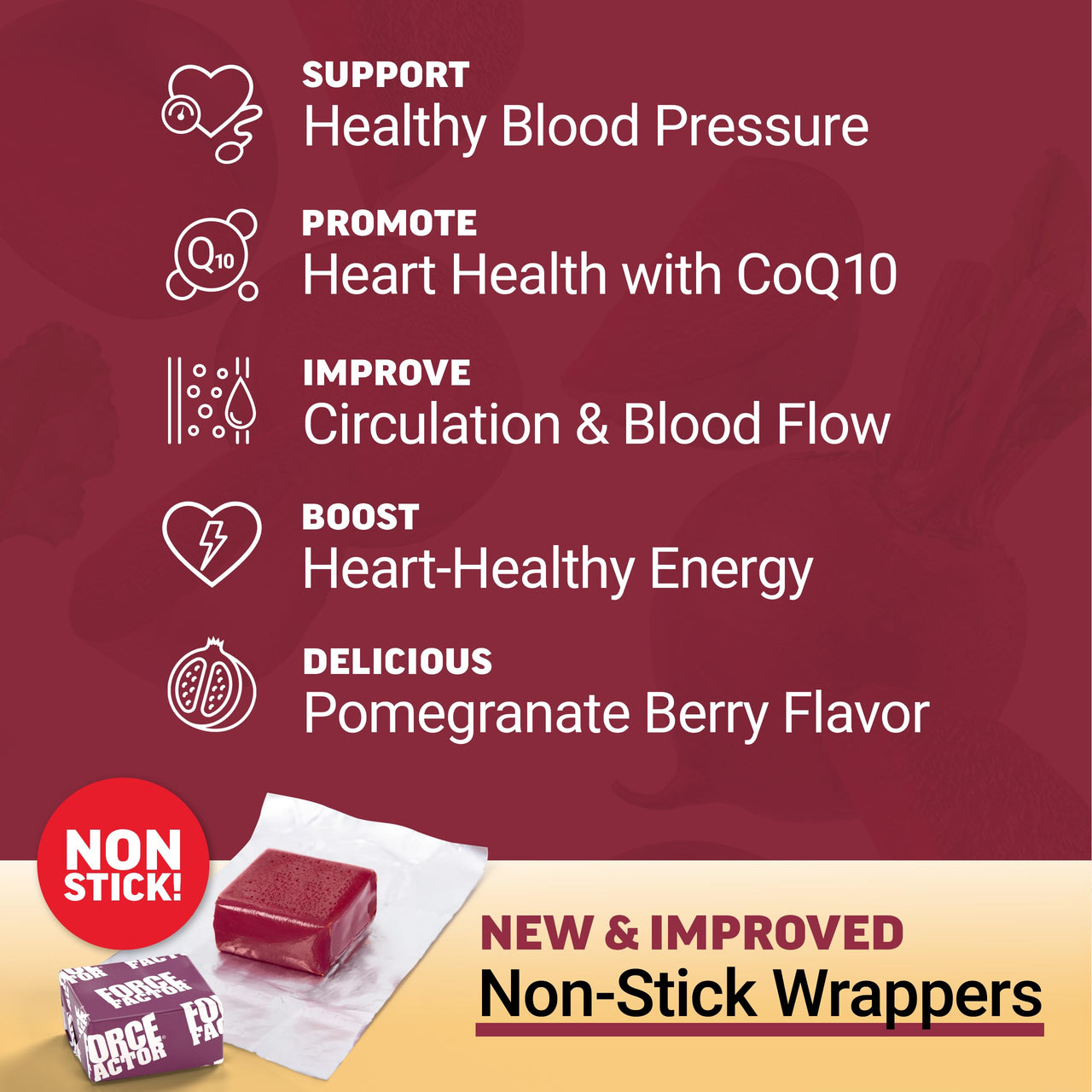 Force Factor Total Beets Ultimate Heart Health Chews for Blood Pressure Support, with Beetroot Powder, CoQ10, B Vitamins & Grapeseed Extract for Blood Flow & Energy, Pomegranate Berry, 60 Soft Chews