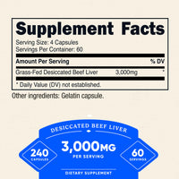 Thumbnail for Nutricost Grass Fed Desiccated Beef Liver Capsules 3000mg Per Serv (750mg Per Cap), 240 Cap for 60 Servings - No Hormones, GMO and Gluten Free, Pasture-Raised, Free Range Beef