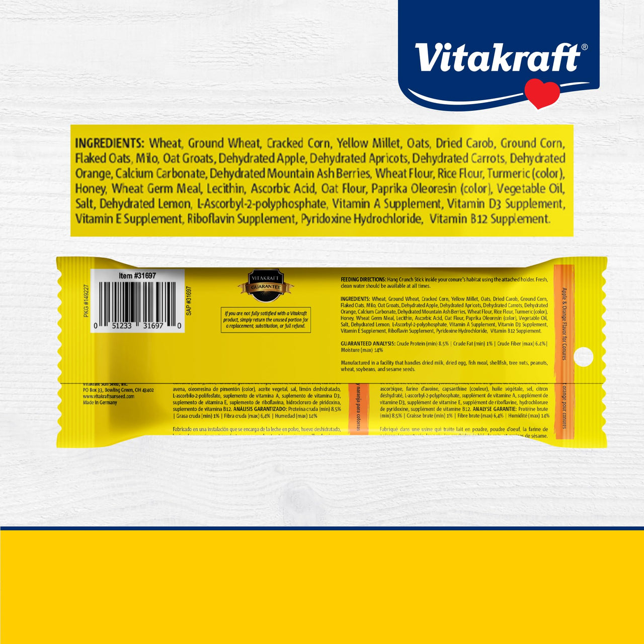 Vitakraft Crunch Sticks Conure Treat 2 Sticks - Apple and Orange Flavor – Triple Baked for Crunch – with Added Vitamins and Minerals Natural with Wood Chew Center – Includes Cage Clip Holder