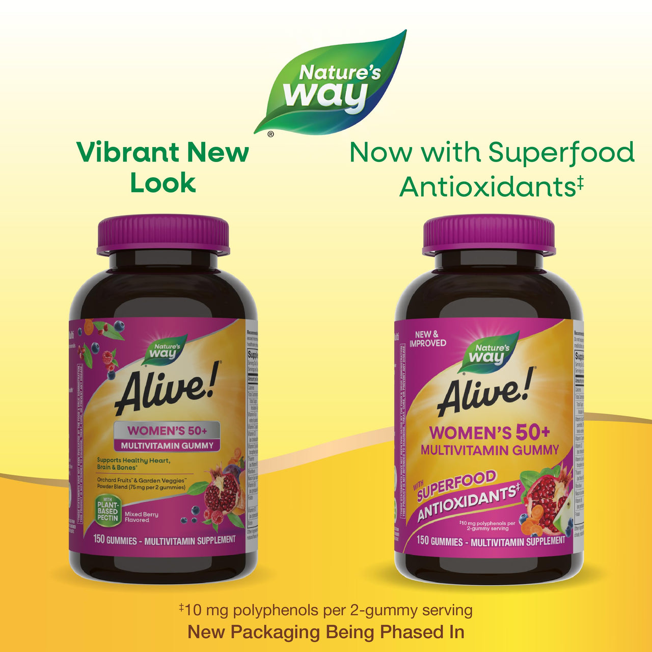 Nature’s Way Alive! Women’s 50 Plus Multivitamin Gummy, Daily Chewable Multivitamins with B-Vitamins, Vitamin D3, Calcium, Supports Heart, Brain & Bone Health,* Mixed Berry Flavored, 150 Count