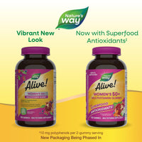 Thumbnail for Nature’s Way Alive! Women’s 50 Plus Multivitamin Gummy, Daily Chewable Multivitamins with B-Vitamins, Vitamin D3, Calcium, Supports Heart, Brain & Bone Health,* Mixed Berry Flavored, 150 Count