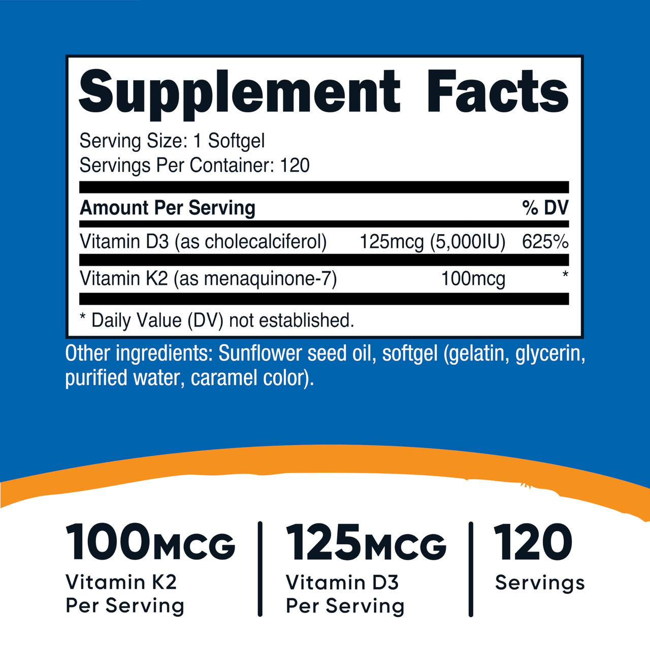 Nutricost Vitamin D3 + K2 (5000 IU D3 / 100mcg MK7), 120 Softgels – Gluten-Free & Non-GMO