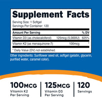 Thumbnail for Nutricost Vitamin D3 + K2 (5000 IU D3 / 100mcg MK7), 120 Softgels – Gluten-Free & Non-GMO