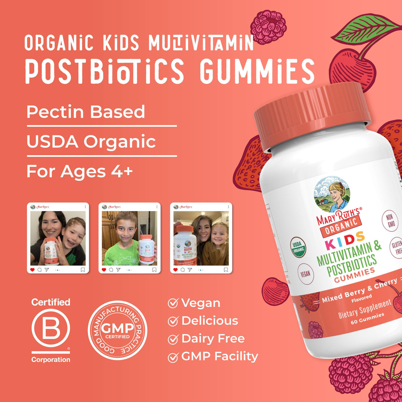 Kids Vitamins by MaryRuth's | USDA Organic | Multivitamin Gummies + Postbiotics for Ages 4+ | Multivitamin for Kids with Lactobacillus Rhamnosus | Children’s Vitamins | Vegan | Non-GMO | 60 Count