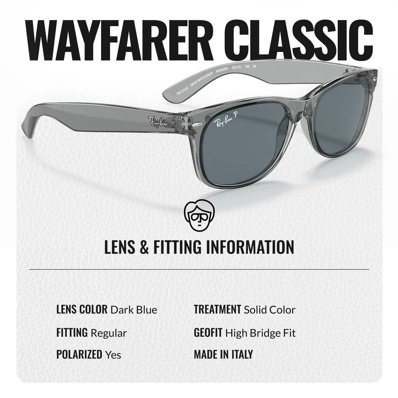Ray-Ban RB2132 NEW WAYFARER CLASSIC POLARIZED Square Shaped Sunglasses for Men & Women – Includes Official Rayban Eyewear Kit – Ideal Formal & Casual Wear Sunglasses – Dark Blue Lens