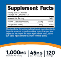 Thumbnail for Nutricost Vitamin C with Zinc Capsules, 120 Servings - 1000mg, 45mg Zinc, Non-GMO, Gluten Free Vitamin C Supplement