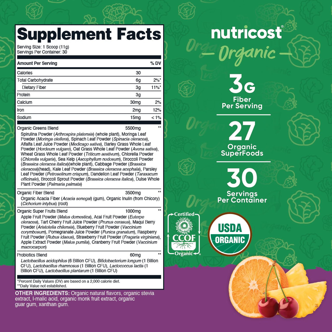 Nutricost Organic Super Greens Powder (30 Servings) Mixed Berry Flavor - Superfood Supplement Drink Mix