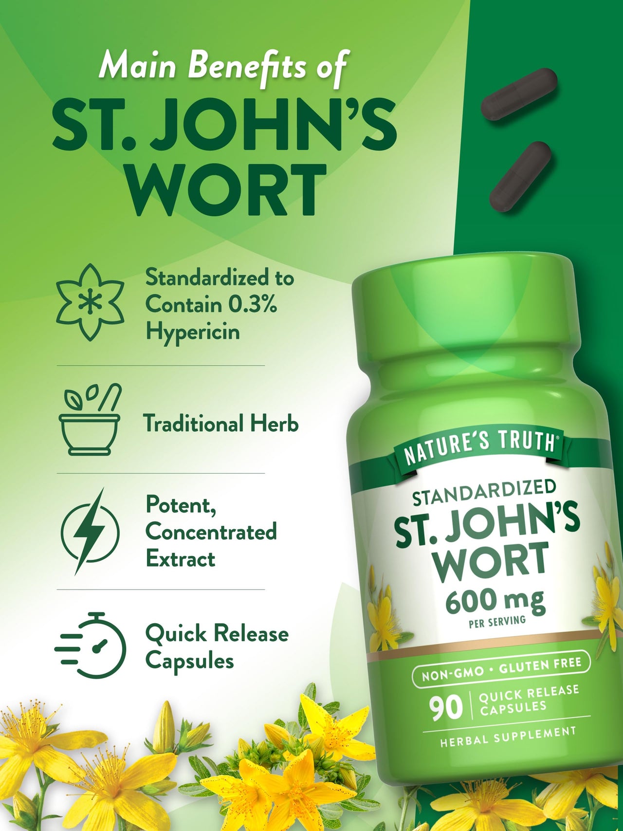 Nature's Truth St Johns Wort 600mg | 90 Capsules | Standardized Extract | Non-GMO & Gluten Free Supplement