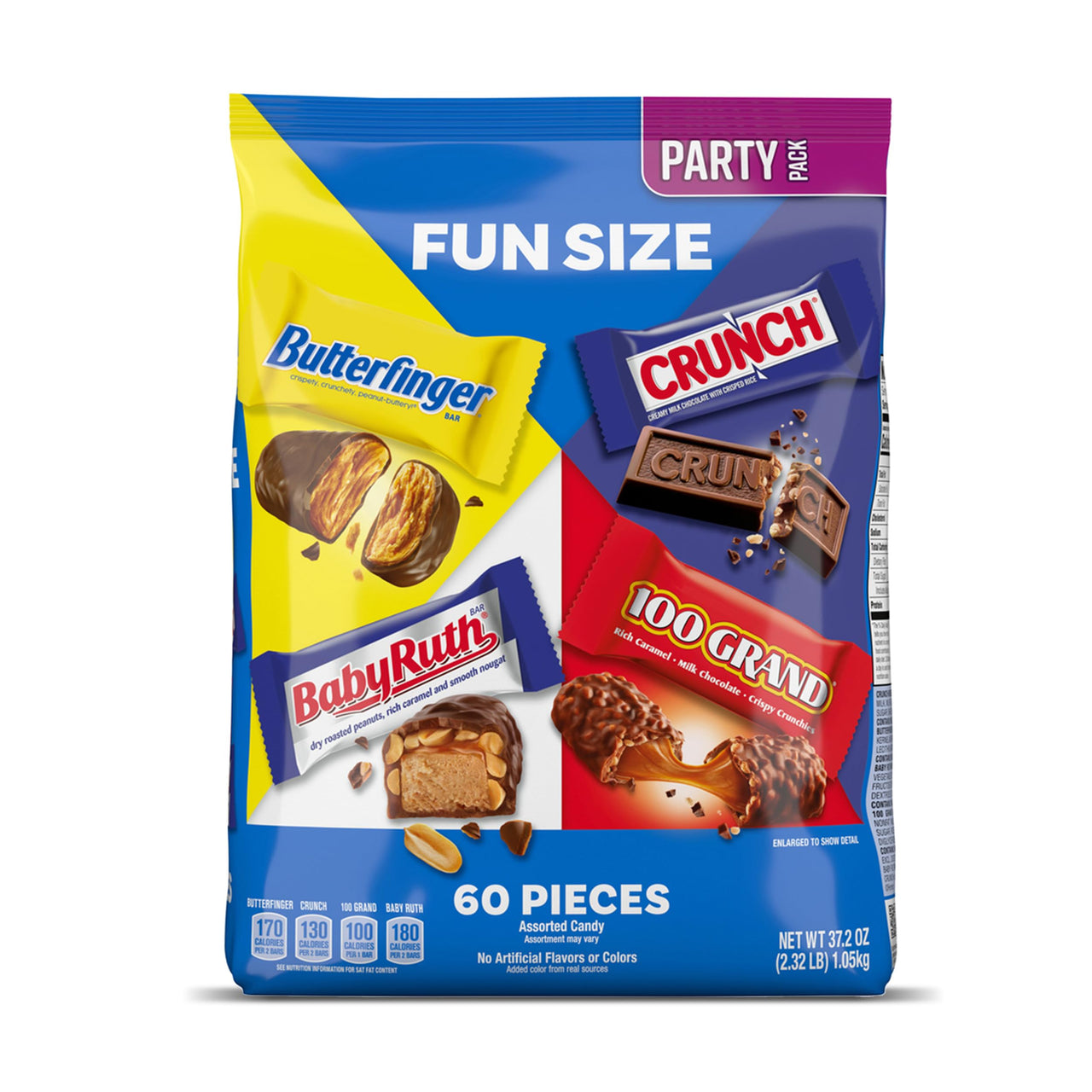 Assorted Butterfinger, Crunch, Baby Ruth, and 100 Grand Fun Size Chocolates, 60 count Party Pack, 37.2 oz