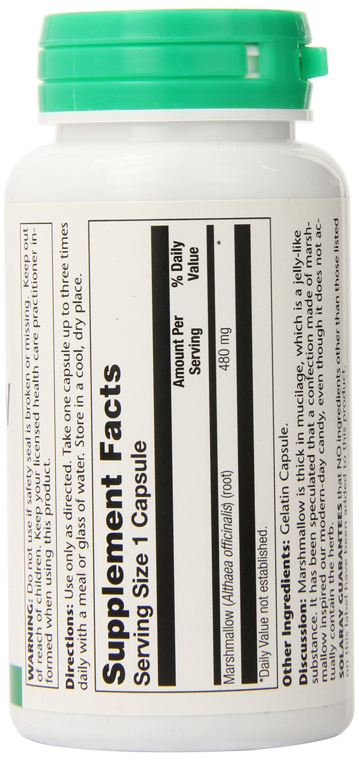SOLARAY Marshmallow Root Capsules 480 mg - Soothing Herbal Support w/Whole Marshmallow Root - High in Mucilage Soluble Fiber, Vegan, Non-GMO, Lab Verified, 60-Day Guarantee, 100 Servings, 100 VegCaps