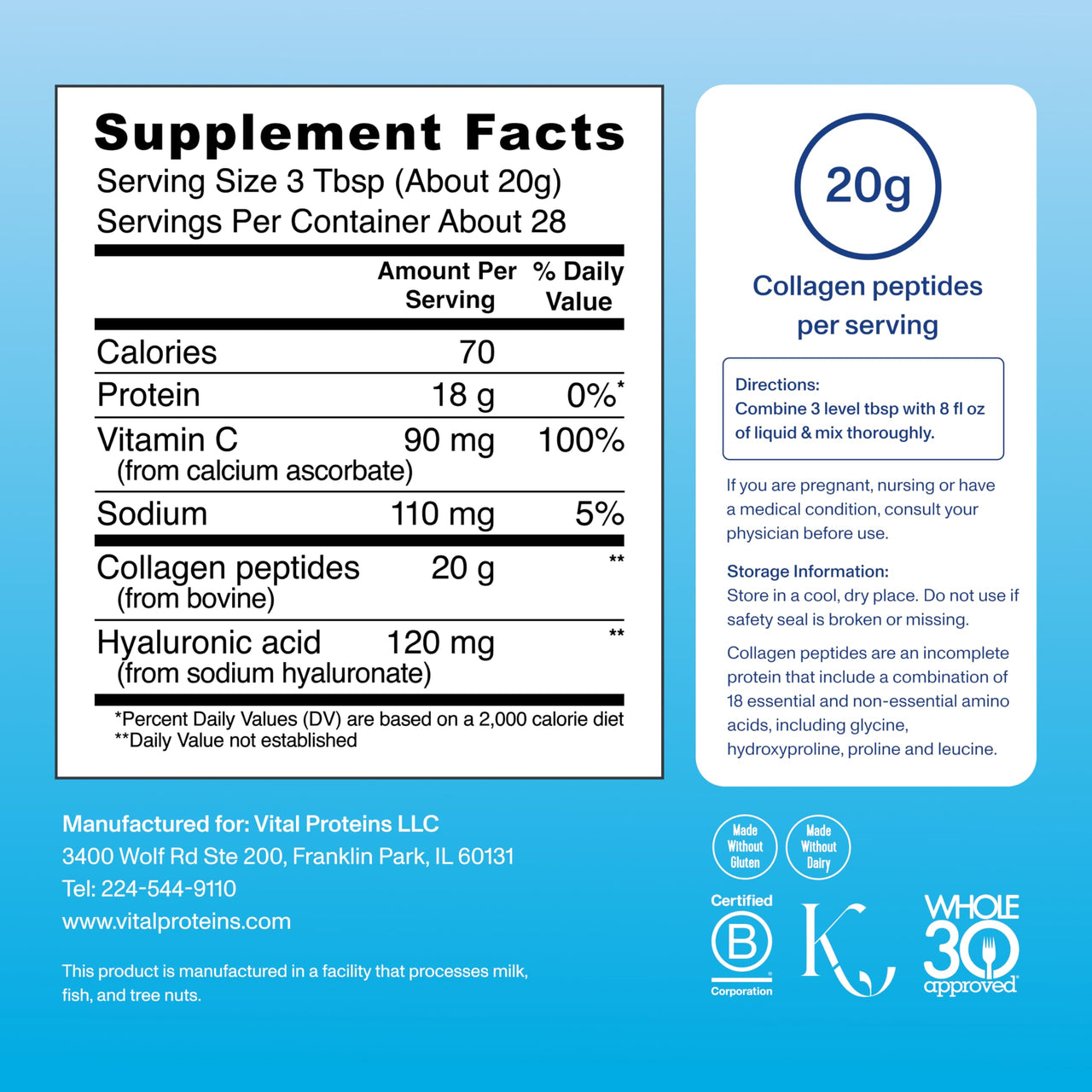 Vital Proteins Collagen Peptides Powder Advanced with Hyaluronic Acid & Vitamin C - 20oz Collagen Protein, Unflavored, 28 Servings