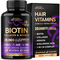 Thumbnail for NUTRAHARMONY Biotin | Collagen | Hyaluronic Acid | Keratin - Support Normal Hair Growth Cycle - Skin & Nails - 25000mcg Vitamins B1, B2, B3, B6 & B7 - for Women & Men - Made in USA | 60 Capsules
