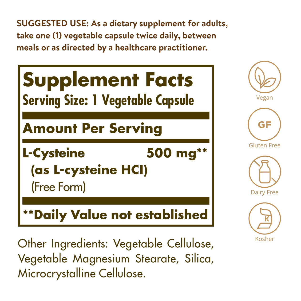 Solgar L-Cysteine 500 mg, 90 Vegetable Capsules - Free Form Amino Acid - Keratin Support for Skin, Hair & Nails - Glutathione Support - Vegan, Gluten Free, Dairy Free, Kosher - 90 Servings