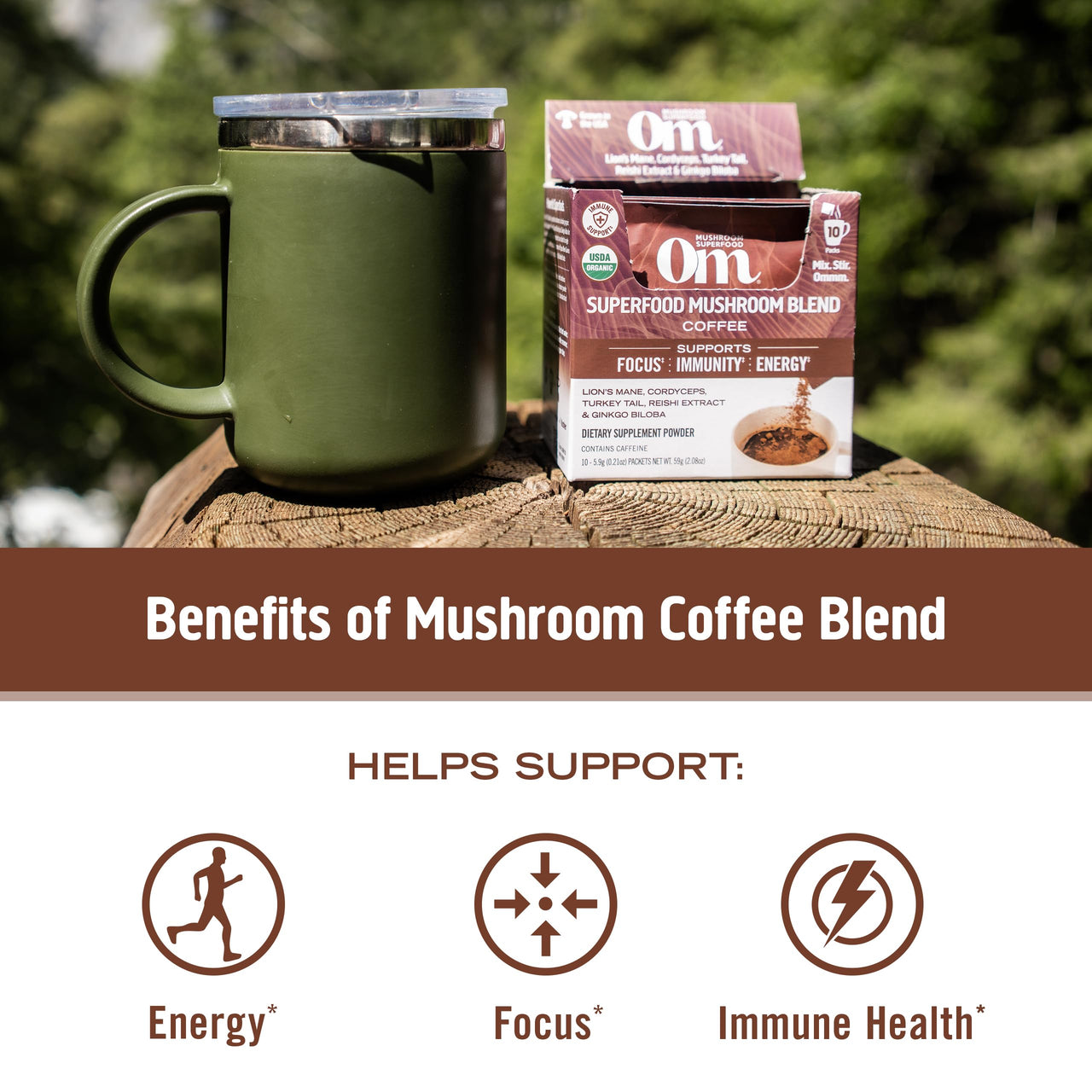 OM MUSHROOM SUPERFOOD Instant Coffee – Organic Arabica with Lion’s Mane, Cordyceps, Reishi, Turkey Tail & Ginkgo for Energy, Focus & Clarity – 6.24 oz Canister, 30 Servings