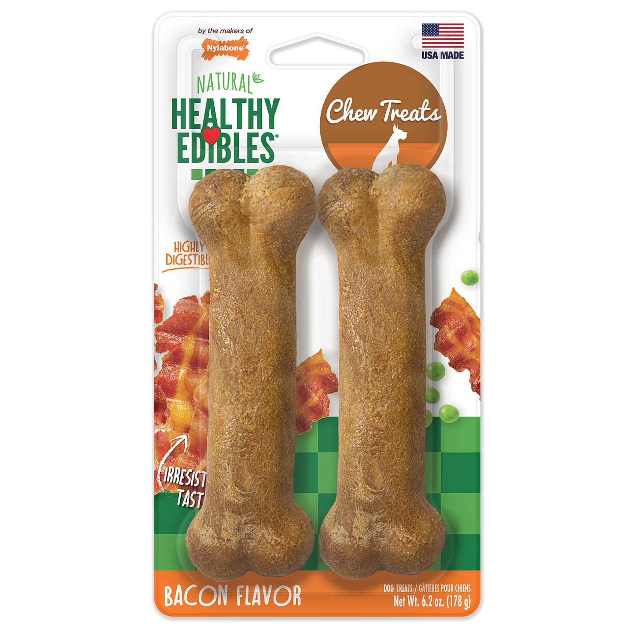 Nylabone Healthy Edibles Natural Dog Chews, Long Lasting Bones for Dogs, Bacon Flavor Dog Treats, Medium (2 Count)