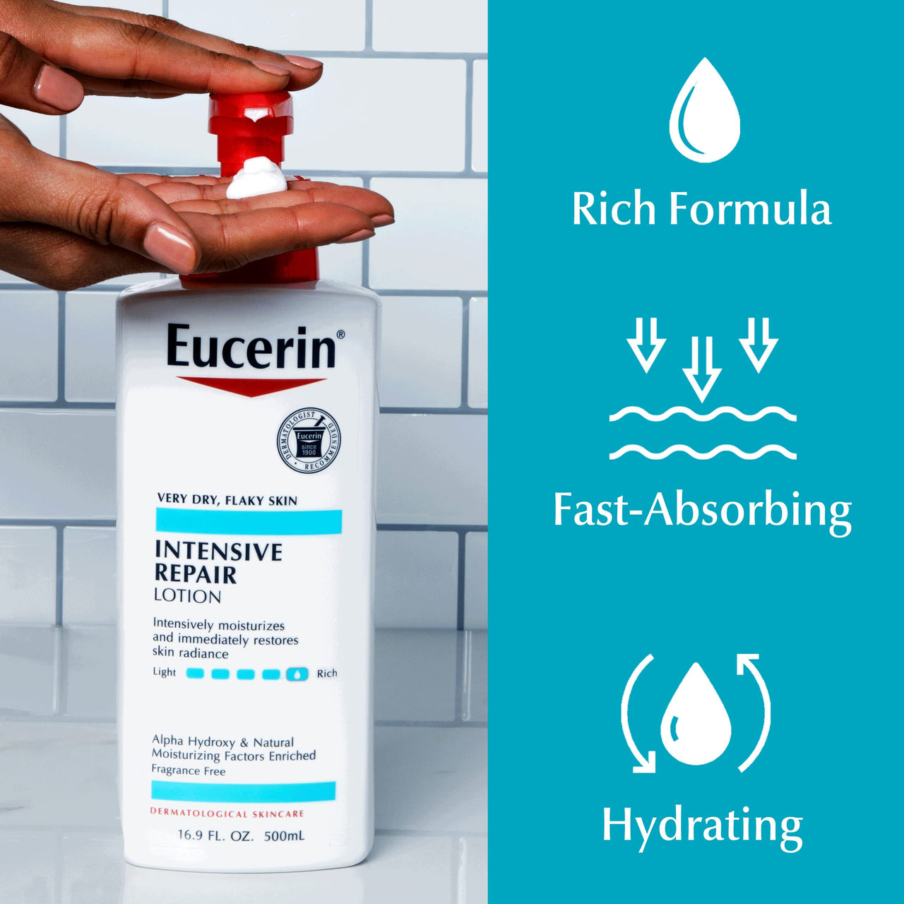 Eucerin Intensive Repair Body Lotion For Very Dry, Flaky Skin, Fragrance Free Body Moisturizer With Alpha Hydroxy, 16.9 Fl Oz Bottle