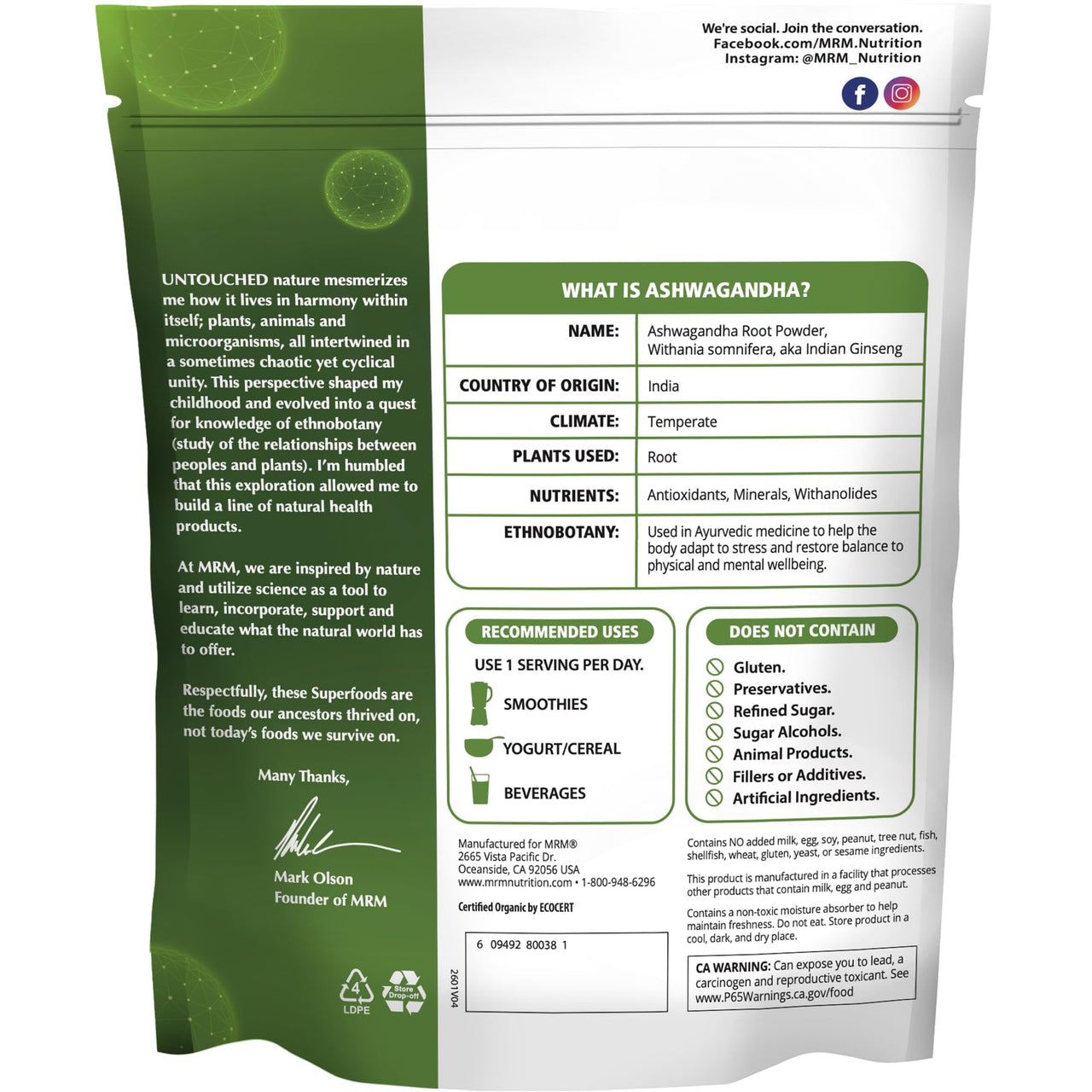MRM Organic Ashwagandha Root Powder - For Women & Men - USDA Organic Ashwagandha Powder Superfood, with Antioxidants and Adaptogenic Herbal Nutrition, Vegan & Gluten-Free - 113 Servings