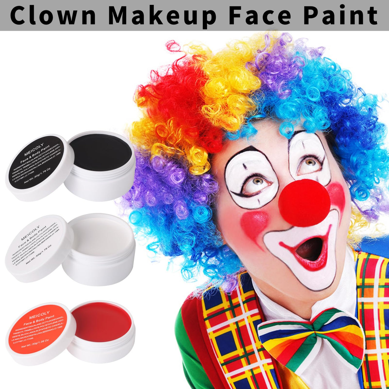 MEICOLY Clown Makeup Kit,White Black Red Face Body Paint for Halloween Devil Joker Zombie Vampire Skeleton SFX Makeup,Pro Oil Based Body Paint with 6 Painting Brushes,4 Sponges,130g/4.59 oz