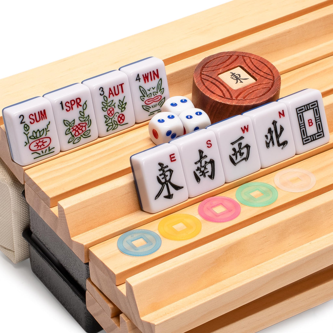 Yellow Mountain Imports American Mahjong Set, Harbor Tide with Beige and Blue Canvas Tote Bag - 4 All-in-One Racks with Pushers, Wright Patterson Scoring Coins, Dice, & Wind Indicator
