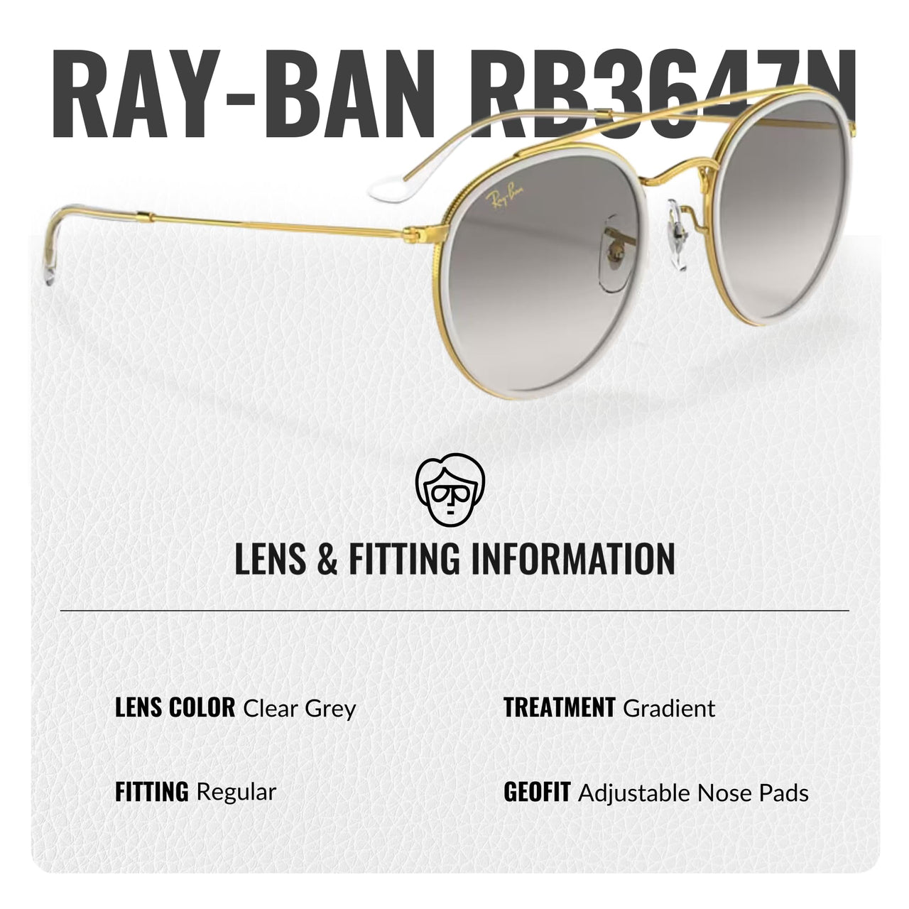 Ray-Ban RB3647N ROUND DOUBLE BRIDGE Round Shaped Non-Polarized Sunglasses for Men & Women – Includes Official RAYBAN Eyewear Kit – Ideal Formal & Casual Wear Sunglasses – Clear Grey Lens