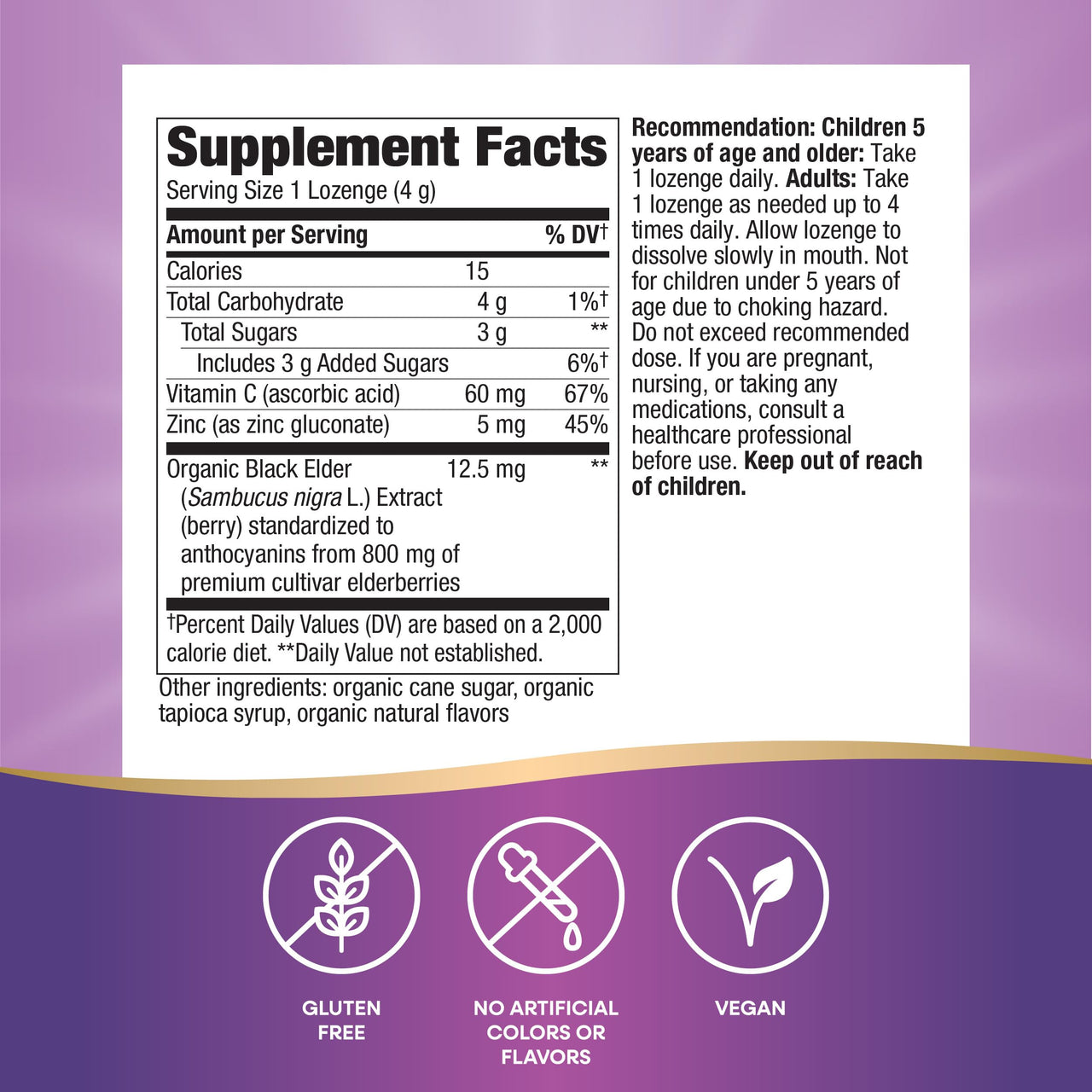 Nature's Way Organic Sambucus Lozenge, Elderberry and Zinc 24 Pieces (Pack of 3)