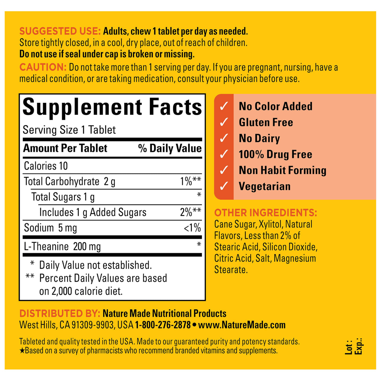 Nature Made Chewable L Theanine 200mg, L-Theanine Supplement for Stress Relief, 50 Chewable Tablets, 50 Day Supply