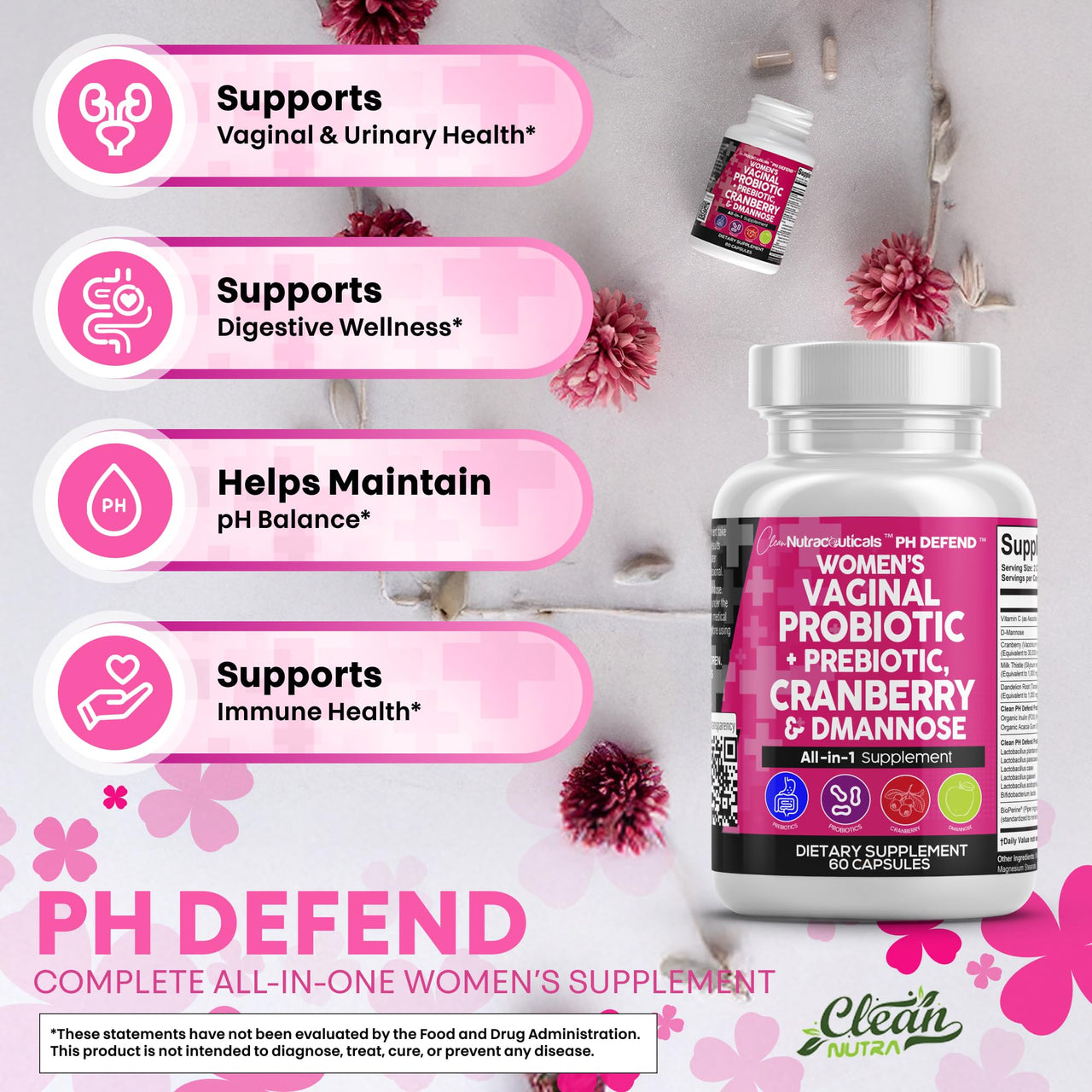 Clean Nutraceuticals Vaginal Probiotics for Women with Cranberry, D-Mannose, Prebiotics, pH Balance Support, Feminine Health, Urinary Tract Cleanse – Capsule Alternative to Gummies – 60 Count