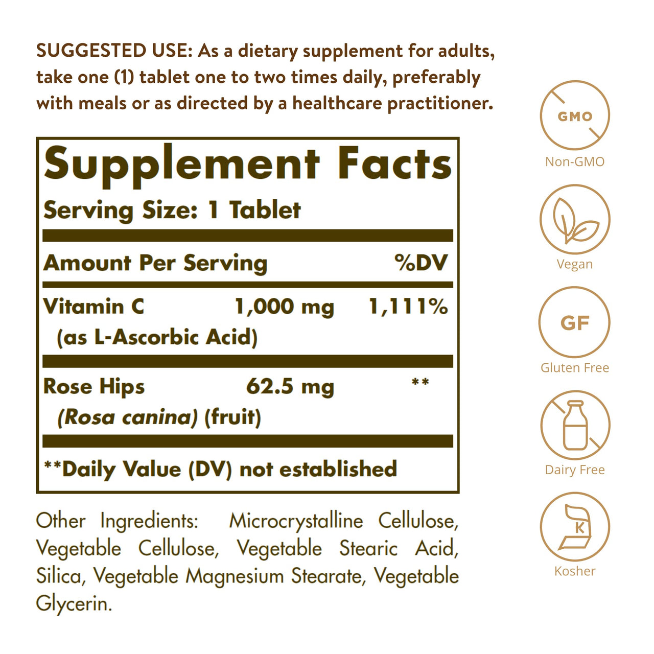 Solgar Vitamin C 1000 mg with Rose HIPS, 250 Tablets - Antioxidant & Immune Support - Overall Health - Supports Healthy Skin & Joints - Non-GMO, Vegan and Kosher - 250 Servings