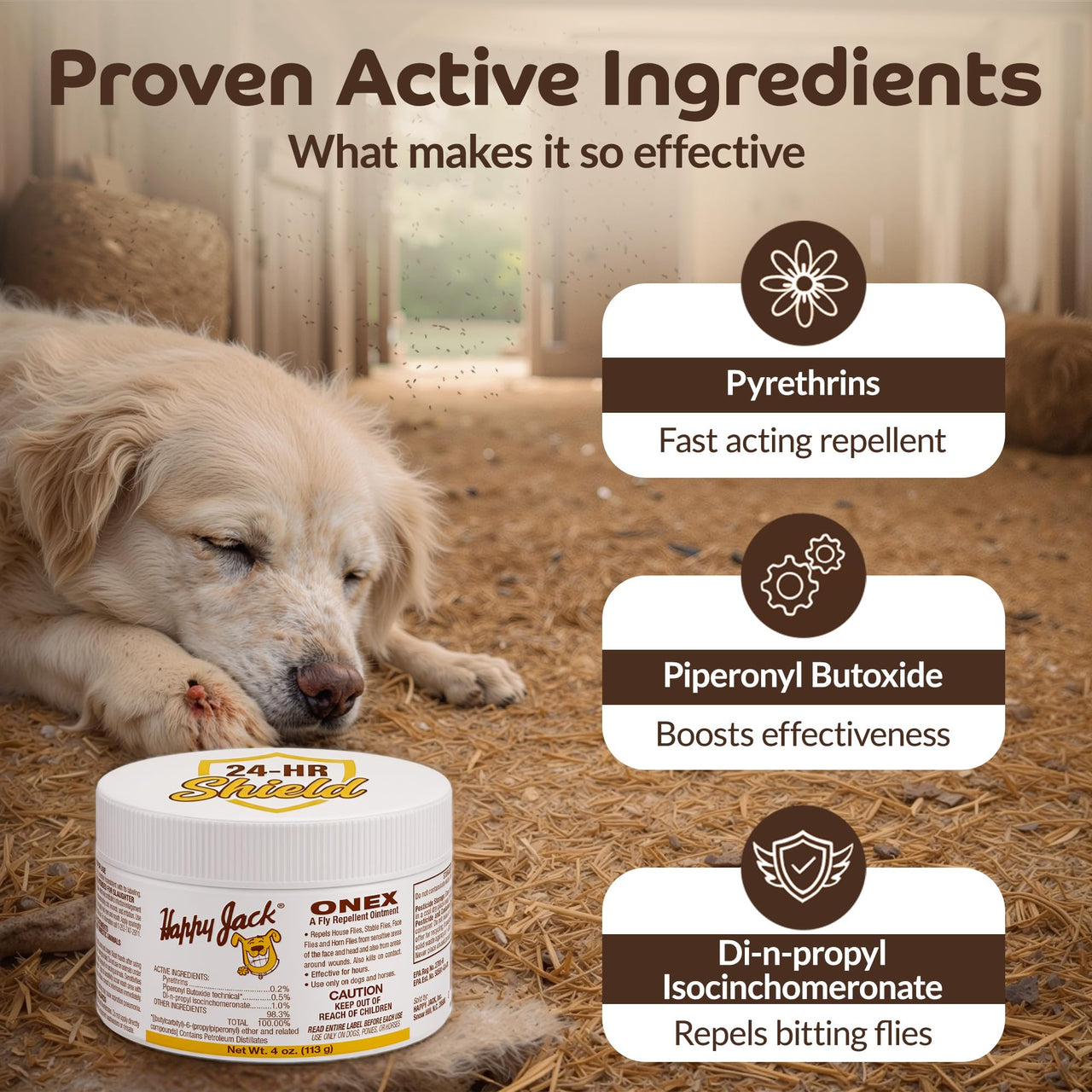 Happy Jack Onex Fly Repellent Ointment for Dogs & Horses, Targeted Wound Dressing that Repels & Kills Flies on Contact, Helps Protect Open Sores, USA, 4 oz Jar