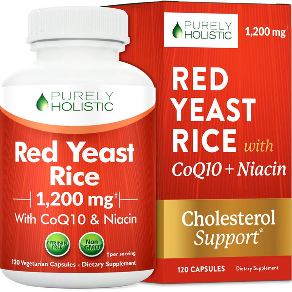 Purely Holistic Red Yeast Rice 1200mg with CoQ10 Supplement & Flush Free Niacin 120 Extra Strength Vegetarian Capsules – Advanced Healthy Heart Formula - Non-Irradiated, Citrinin Free