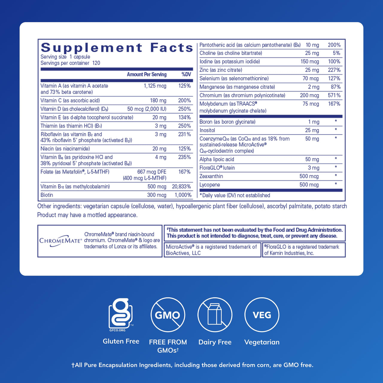 Pure Encapsulations O.N.E. Multivitamin - Once Daily Multivitamin with Antioxidant Complex Metafolin, CoQ10, and Lutein to Support Vision, Cognitive Function, and Cellular Health* - 120 Capsules