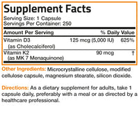 Thumbnail for Bronson Vitamin K2 (MK7) with D3 Supplement Non-GMO Formula 5000 IU Vitamin D3 & 90 mcg K2 MK-7 Easy to Swallow D & K Complex, 250 Capsules
