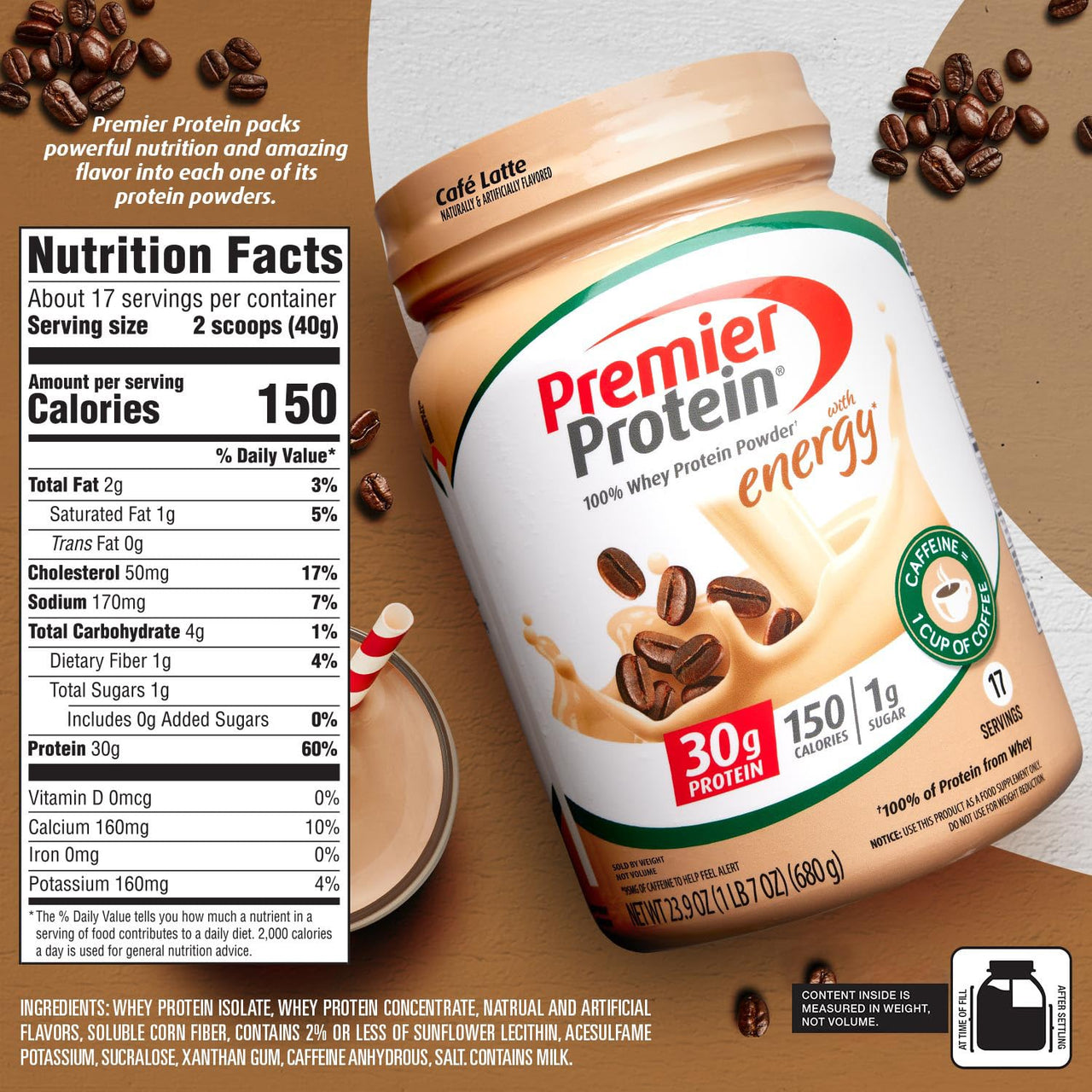 Premier Protein Powder, Café Latte, 30g Protein, 95mg Caffeine for Energy, No Added Sugar, 100% Whey Protein, Keto Friendly, Soy & Gluten Free, 23.9 oz (17 Servings)