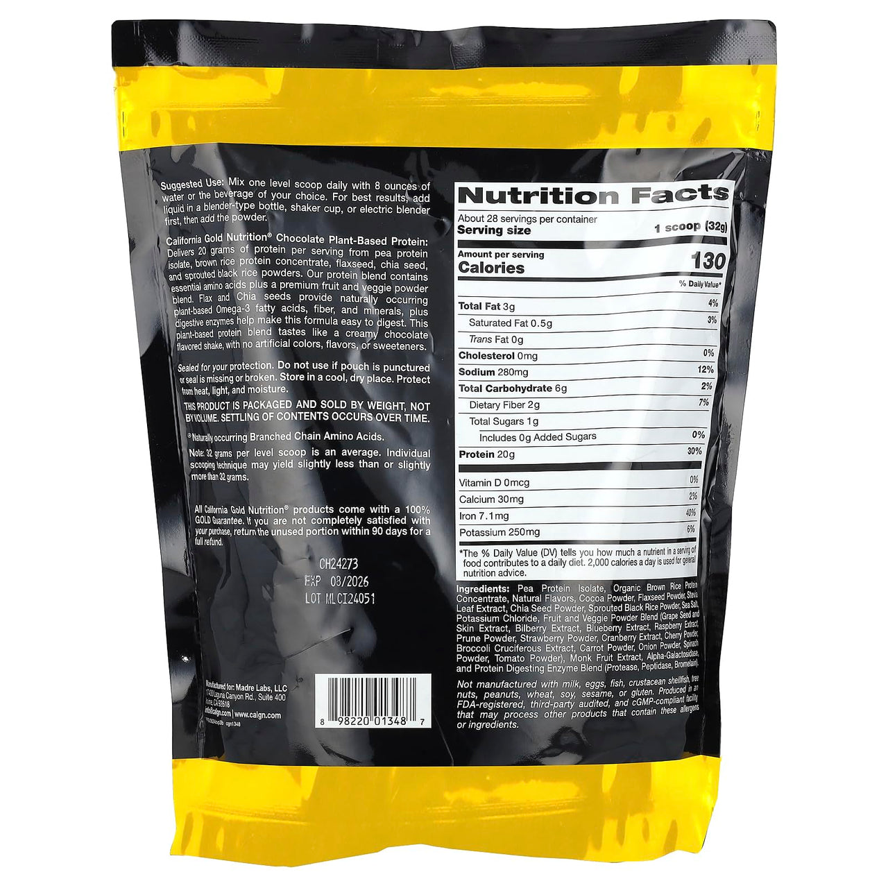 California Gold Nutrition Sport, Plant-Based Protein with Organic Brown Rice Protein Concentrate, Flaxseed, Chia Seed, Chocolate, 2 lb (907 g)