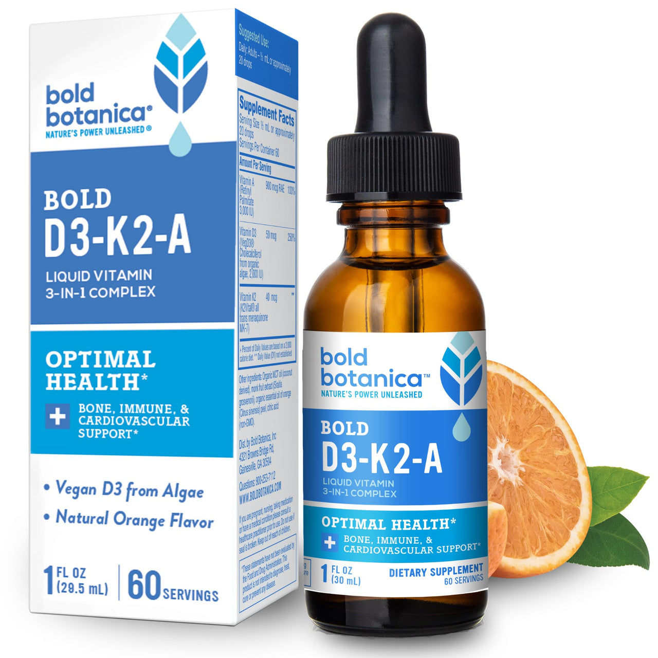 Bold Botanica Vitamin D3-K2-A Liquid Drops for Adults and Kids â€“ 2500 IU Vegan D3 from Algae with K2 (MK7) & A, 3-in-1 Complex for Immune, Bone & Heart Support, Orange Flavor â€“ 1 FL OZ, 60 Servings