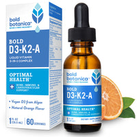 Thumbnail for Bold Botanica Vitamin D3-K2-A Liquid Drops for Adults and Kids â€“ 2500 IU Vegan D3 from Algae with K2 (MK7) & A, 3-in-1 Complex for Immune, Bone & Heart Support, Orange Flavor â€“ 1 FL OZ, 60 Servings