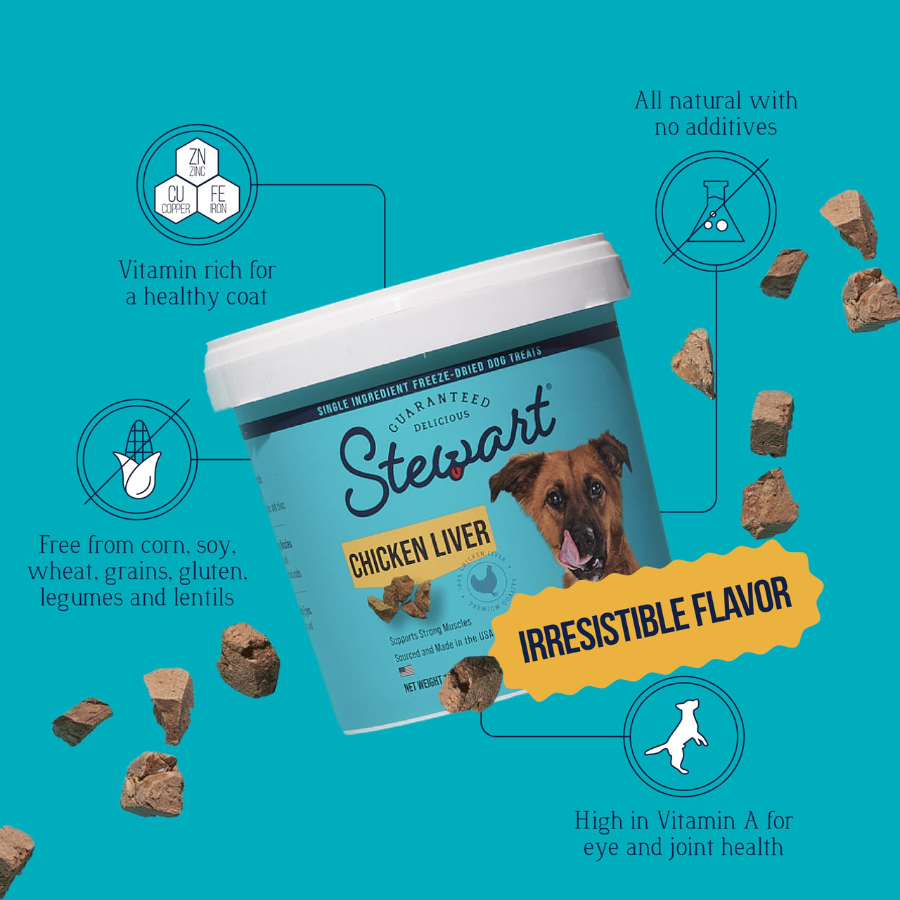 Stewart 100% Chicken Liver Dog Treats, 3 oz Tub, ~55 Pieces, Freeze Dried Raw, Single Ingredient, 60% Protein Training Treats or Meal Topper, Grain Free, Gluten Free