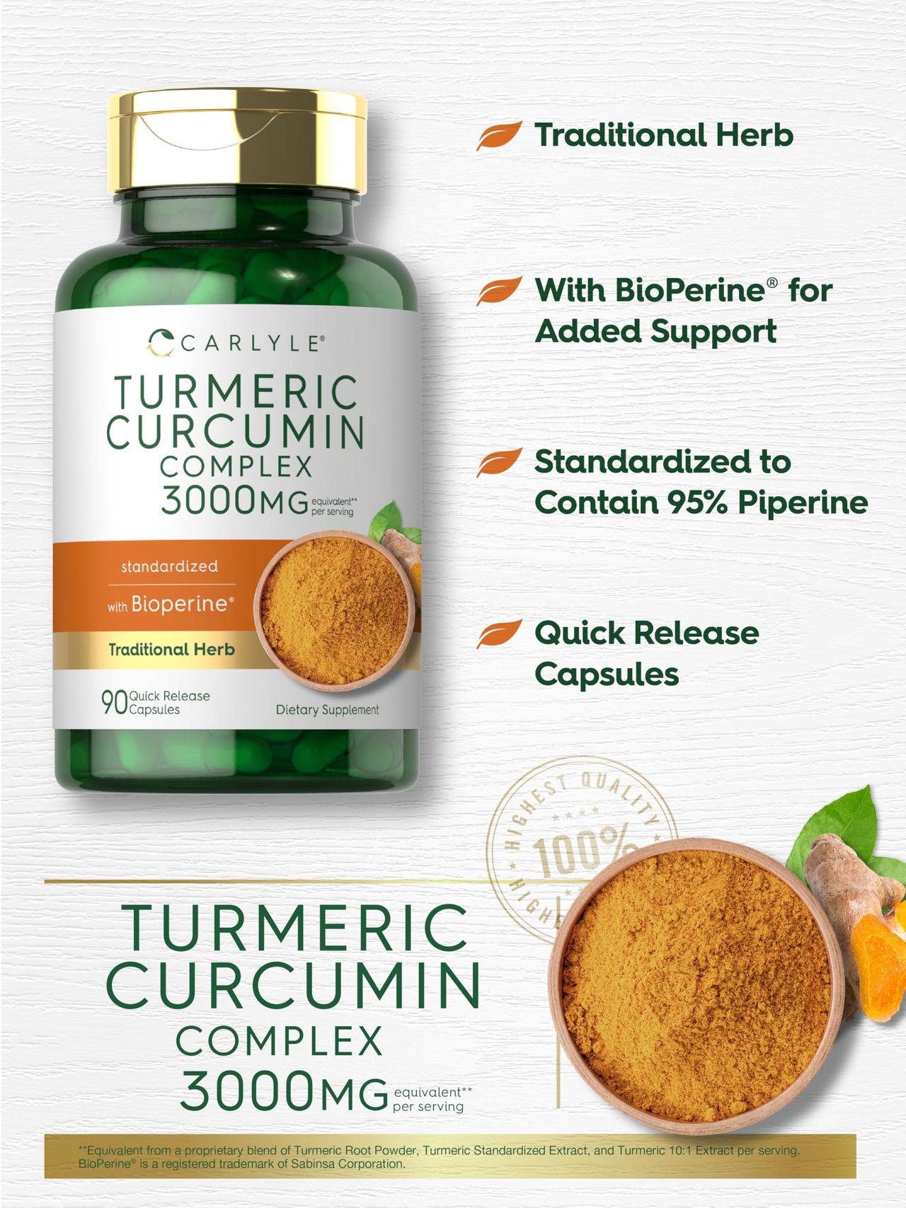 Carlyle Turmeric Curcumin with Black Pepper | 90 Powder Capsules | Complex Supplement with Bioperine | Non-GMO, Gluten Free