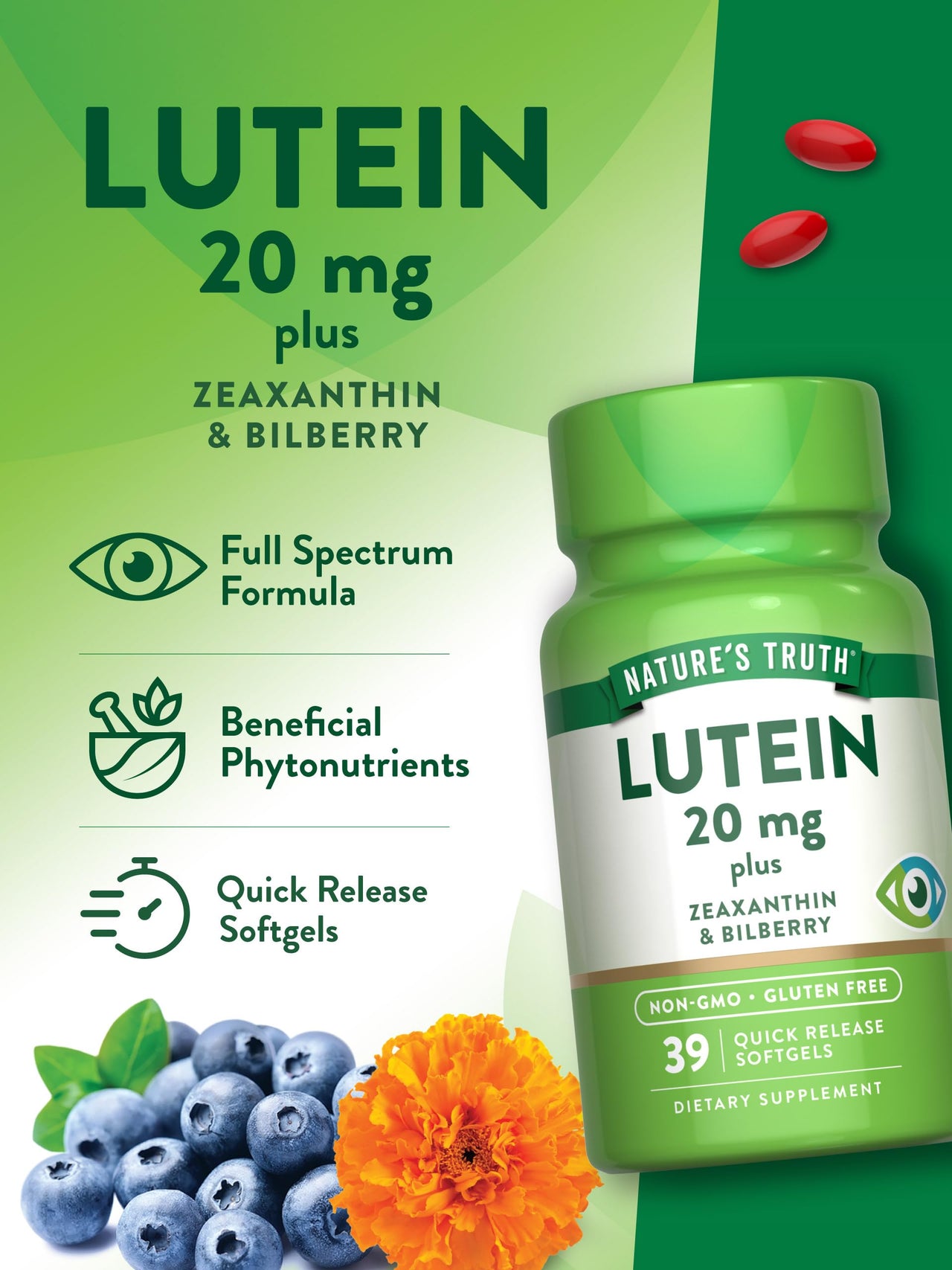 Nature's Truth Lutein and Zeaxanthin | 20 mg | 39 Softgels | with Bilberry | Non-GMO & Gluten Free Supplement