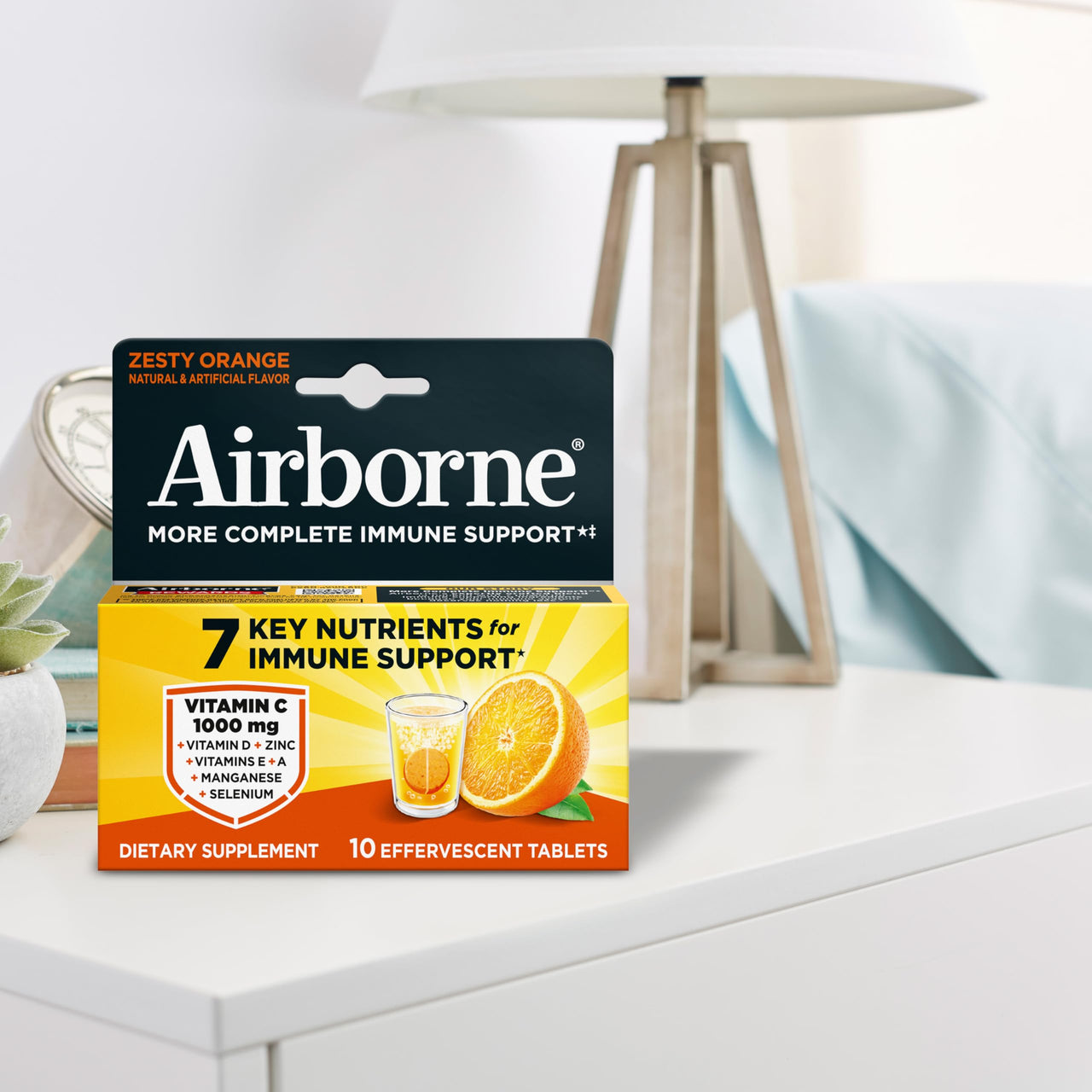 Airborne Immune Support Effervescent Tablets, Zesty Orange Flavor - 10ct with 1000mg Vitamin C + Vitamins A, D, E, Zinc, Selenium, Manganese & Herbal Blend - Sugarâ€‘Free, Glutenâ€‘Free