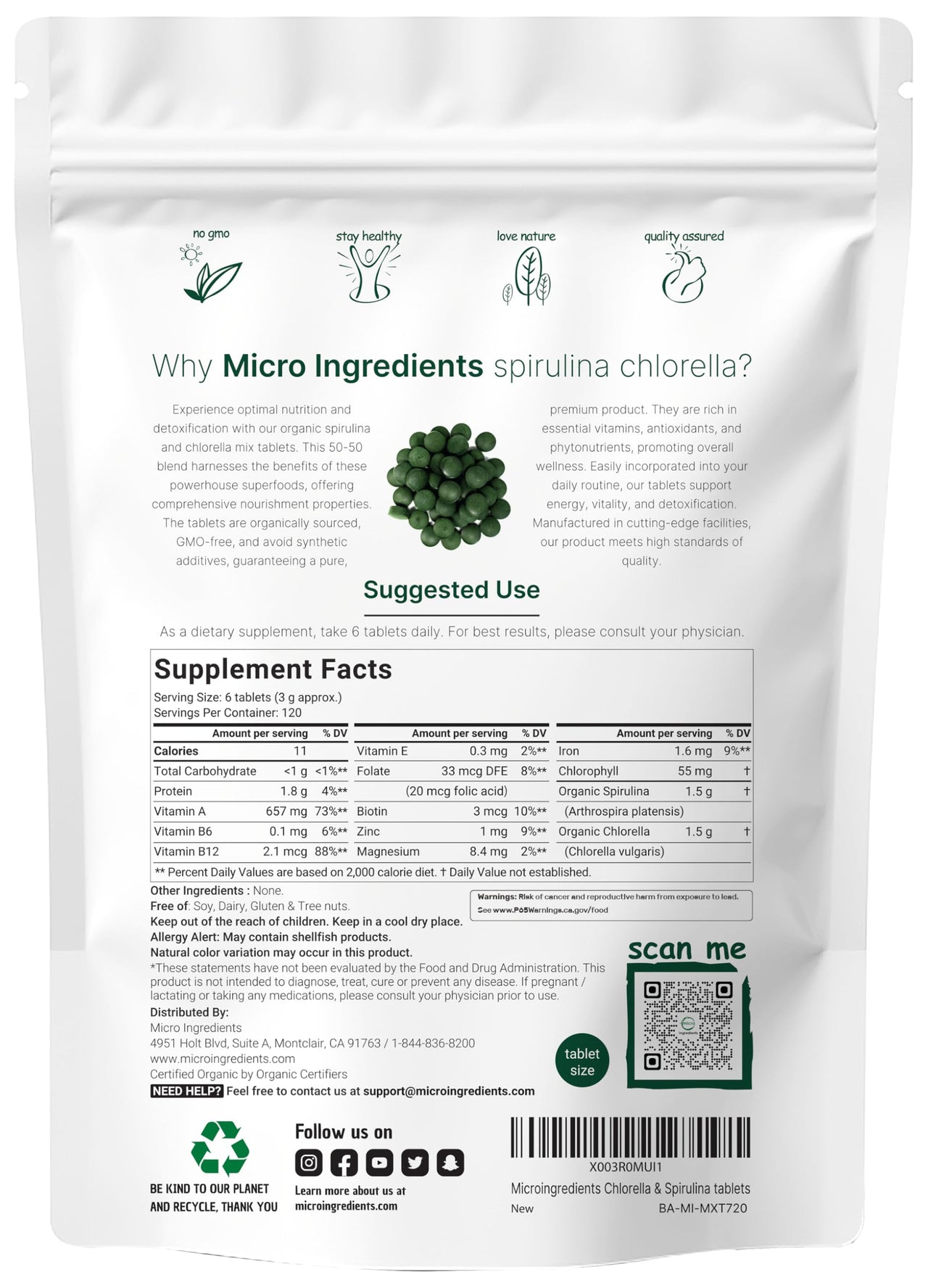 Organic Spirulina Chlorella Tablets, 3,000mg Per Serving, 720 Tablets (4 Month Supply) | 50/50 Blend Superfood | Cracked Cell Wall for Better Absorption | Rich in Vegan Protein & Chlorophyll